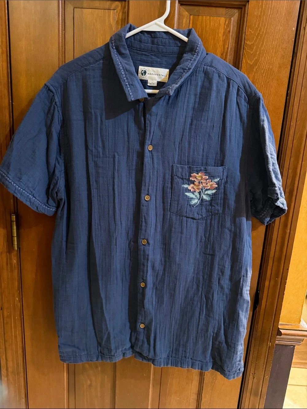 Aeropostale Aero Impact Blue Embroidered Floral Gauze Camp Shirt L